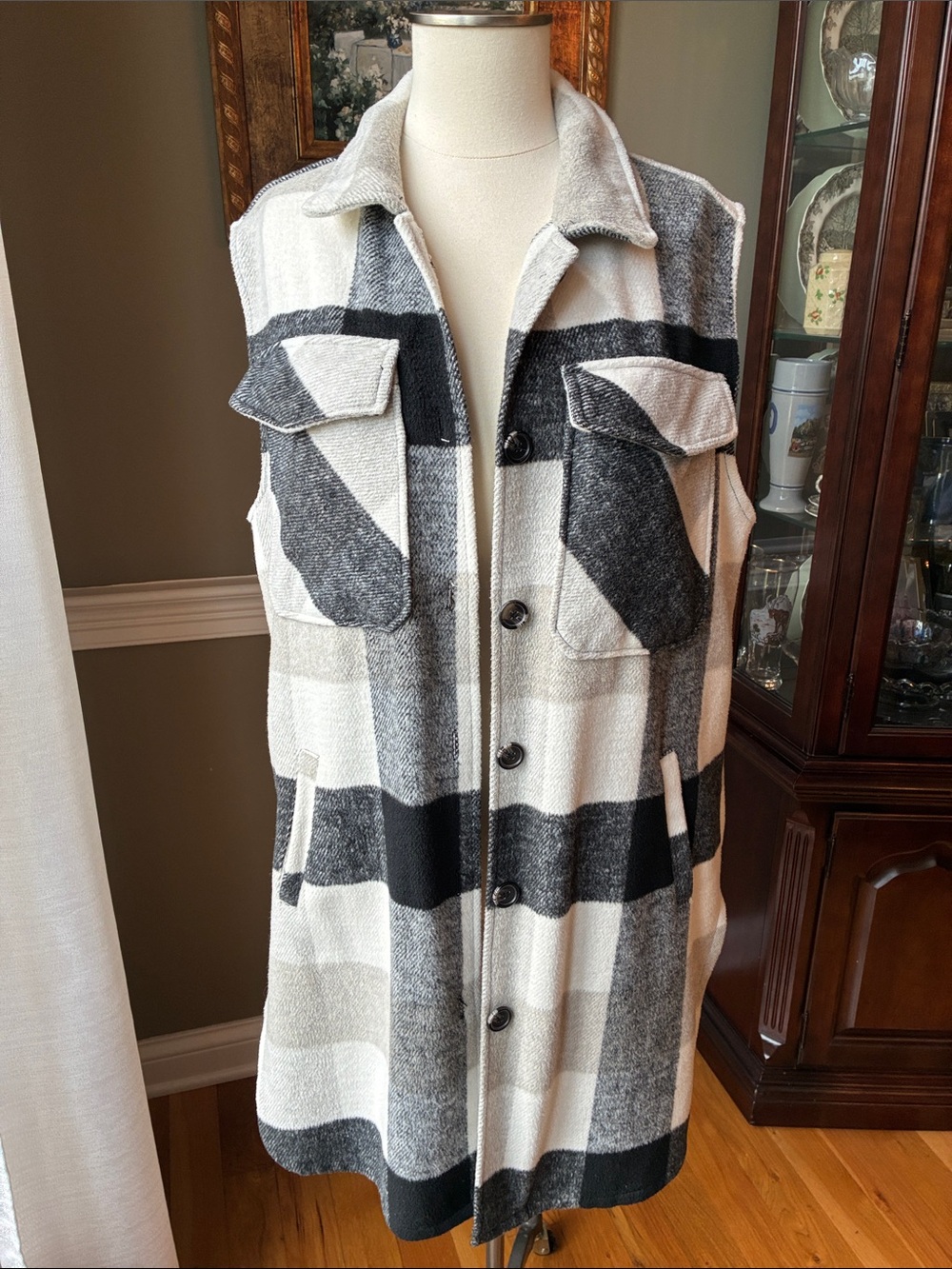 Ashley by 26 Plaid Button-Front Sleeveless Coatigan - Size Large